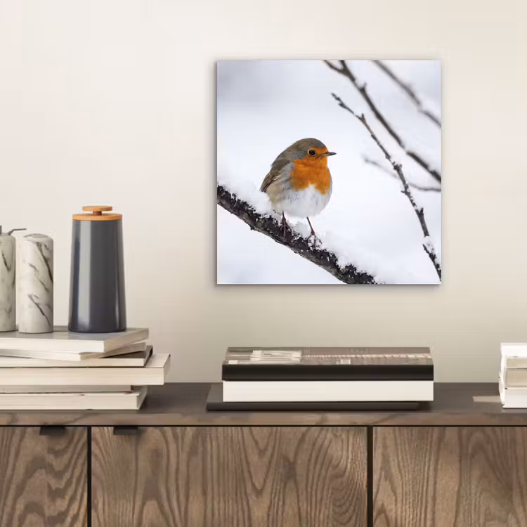 Aluminium schilderij - Roodborstje - Tak - Sneeuw - Winter - Levendig — 2