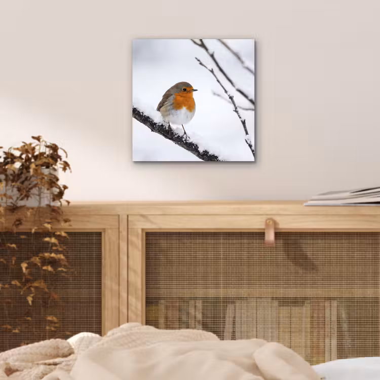 Aluminium schilderij - Roodborstje - Tak - Sneeuw - Winter - Levendig — 4