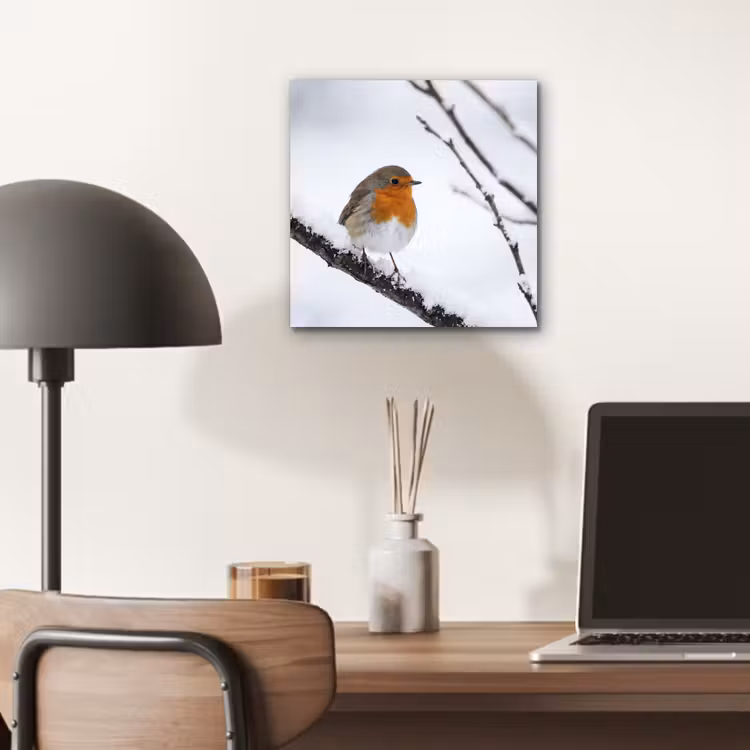 Aluminium schilderij - Roodborstje - Tak - Sneeuw - Winter - Levendig — 6