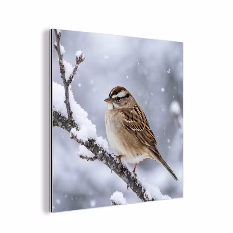 Aluminium schilderij - Vogel - Tak - Sneeuw - Winter — 1