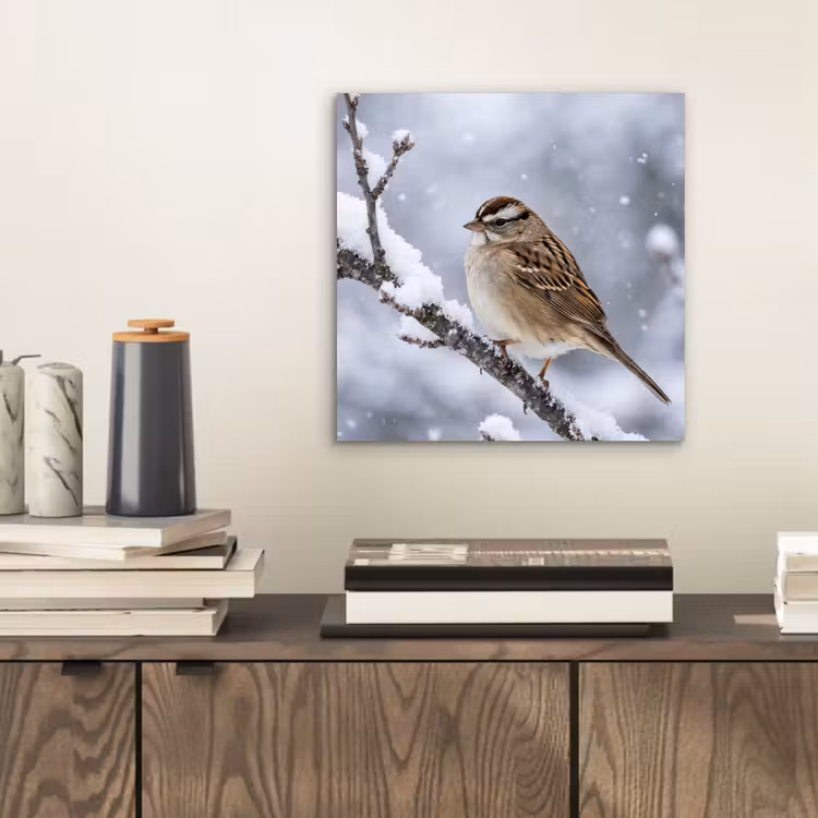 Aluminium schilderij - Vogel - Tak - Sneeuw - Winter — 2