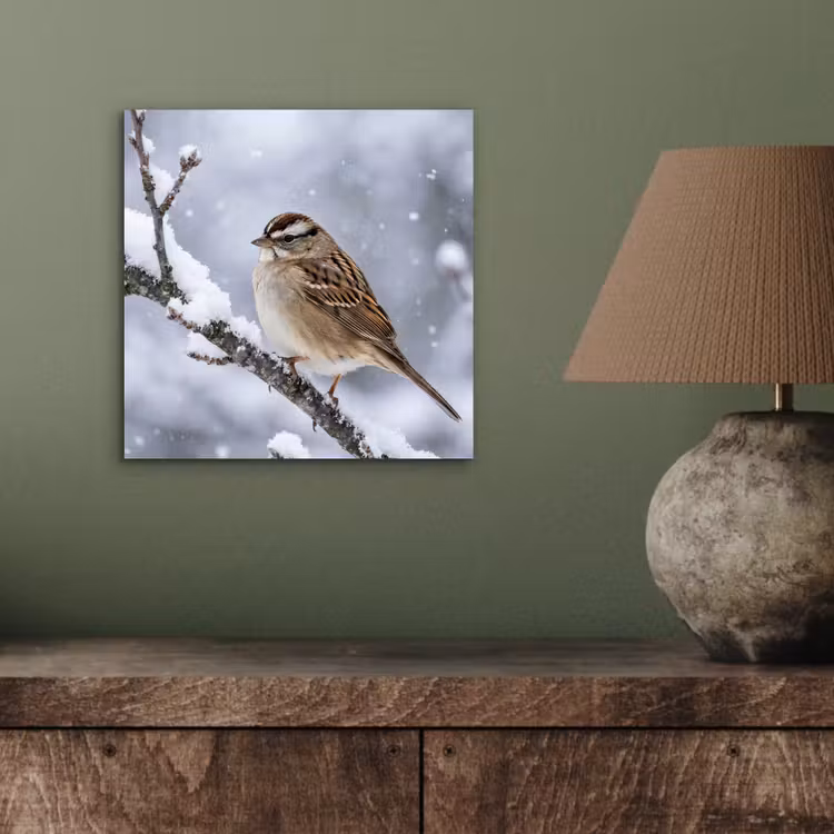 Aluminium schilderij - Vogel - Tak - Sneeuw - Winter — 3