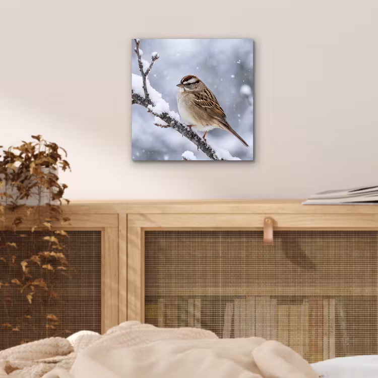 Aluminium schilderij - Vogel - Tak - Sneeuw - Winter — 4