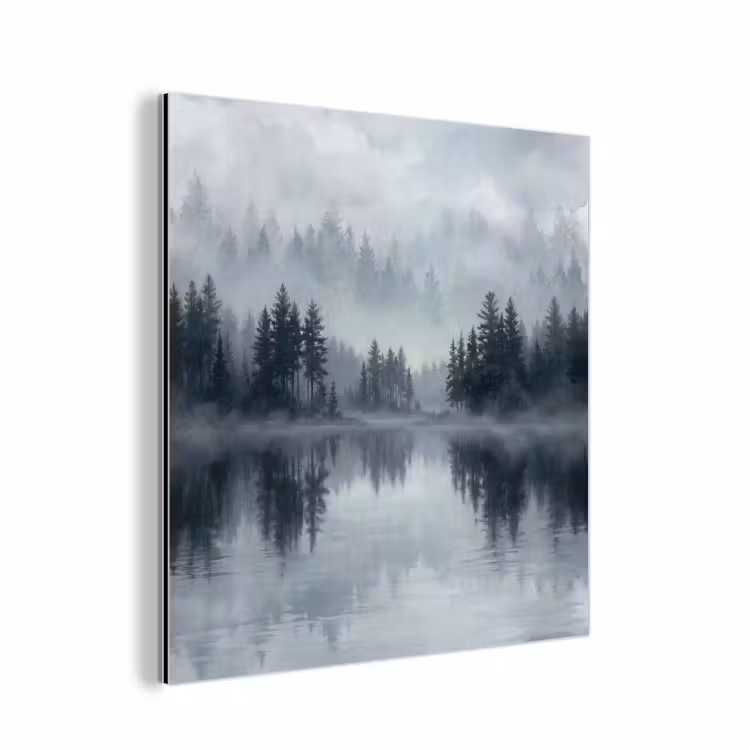 Aluminium schilderij - Bos - Meer - Mist - Natuur - Grijs — 1