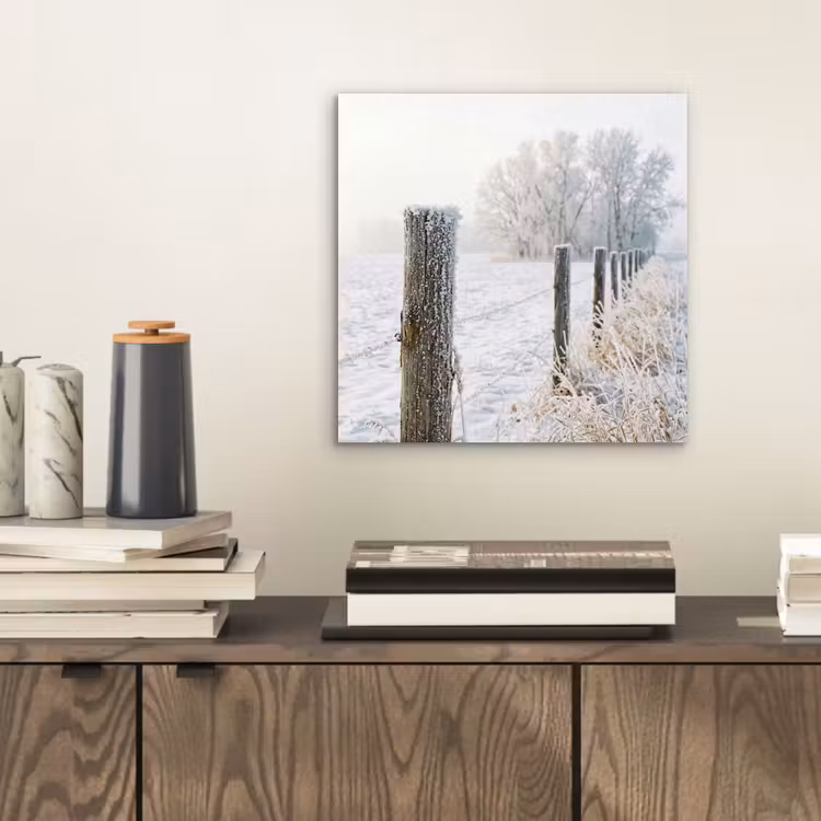 Aluminium schilderij - Hek - Sneeuw - Mist - Platteland - Nostalgisch — 2