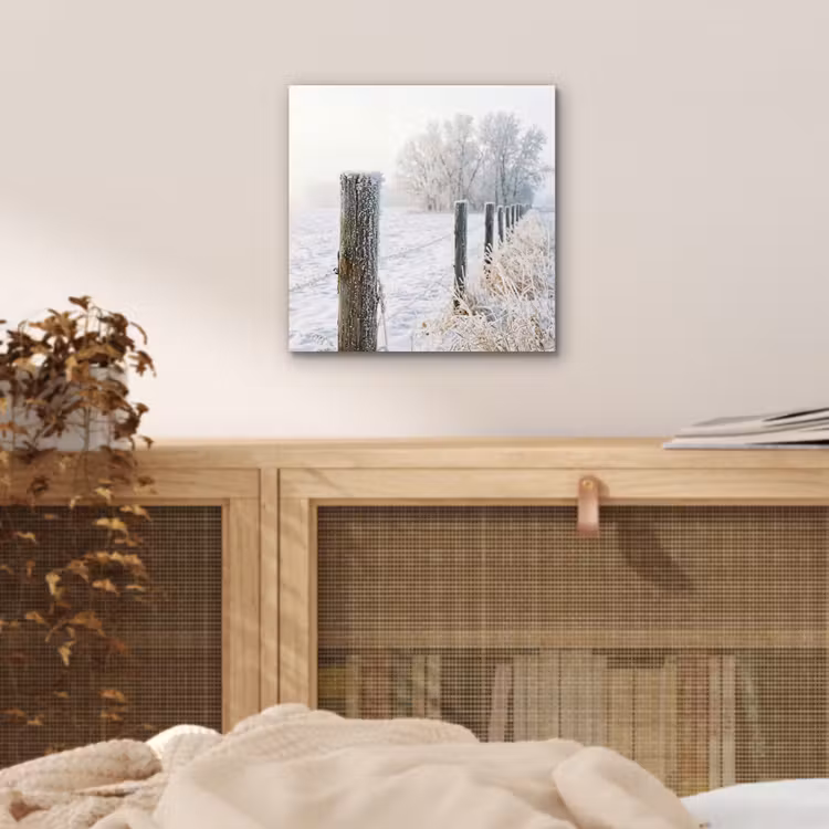 Aluminium schilderij - Hek - Sneeuw - Mist - Platteland - Nostalgisch — 4