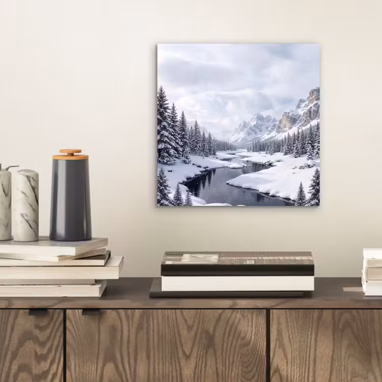 Aluminium schilderij - Sneeuwlandschap - Bergen - Rivier - Winter — 2