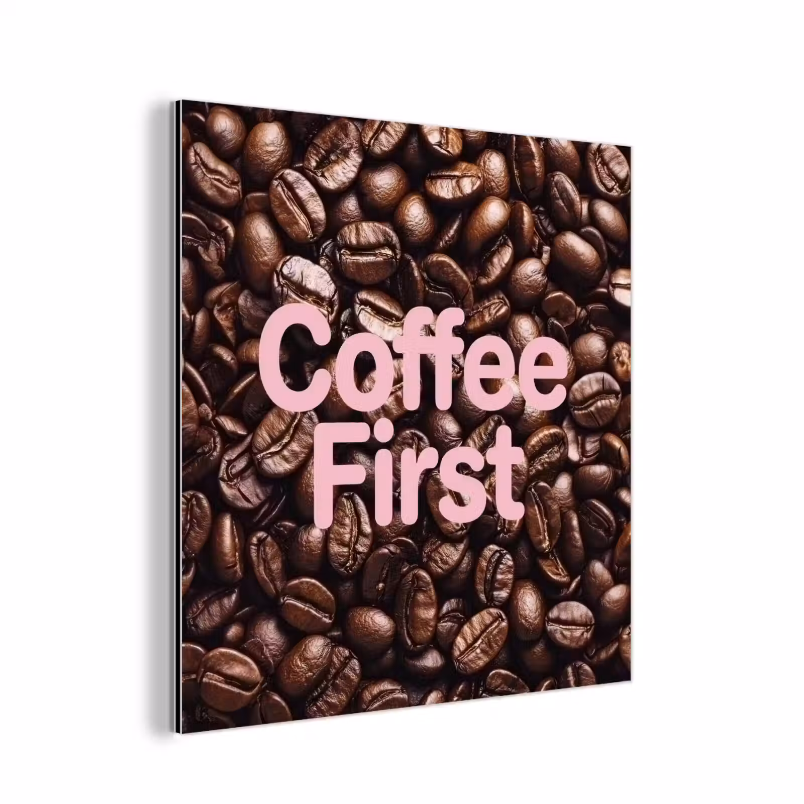 Aluminium schilderij - Coffee First - Koffiebonen - Roze — 1