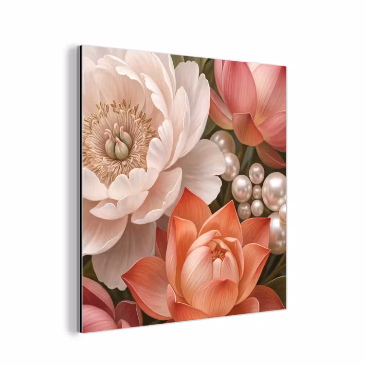 Aluminium schilderij - Bloemen - Parels - Elegant - Roze - Wit — 1