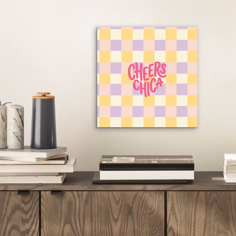 Aluminium schilderij - Cheers Chica - Ruitjes - Lila - Geel — 2