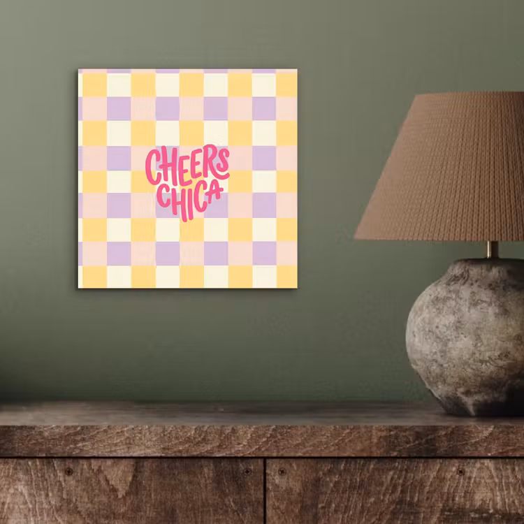 Aluminium schilderij - Cheers Chica - Ruitjes - Lila - Geel — 3