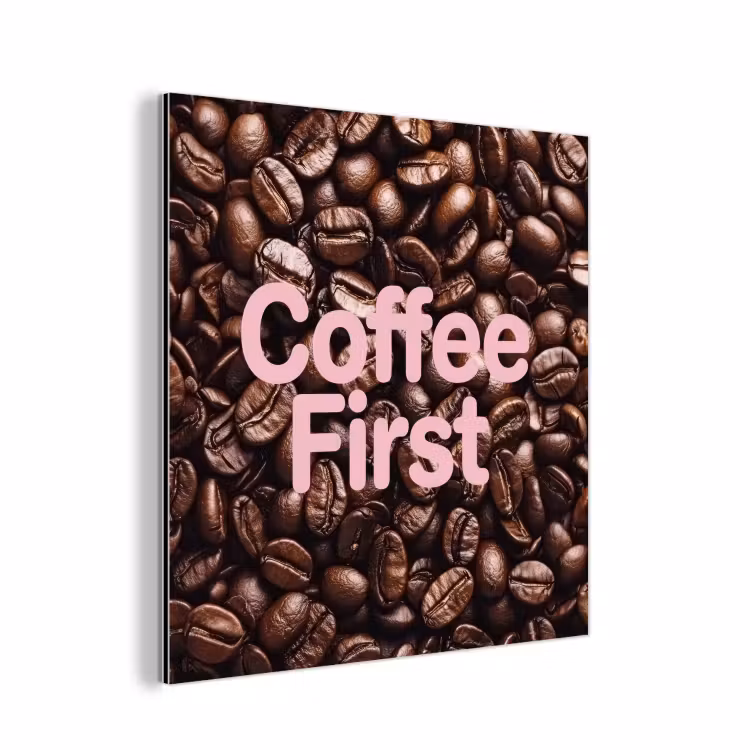 Aluminium schilderij - Coffee First - Koffiebonen - Roze — 1