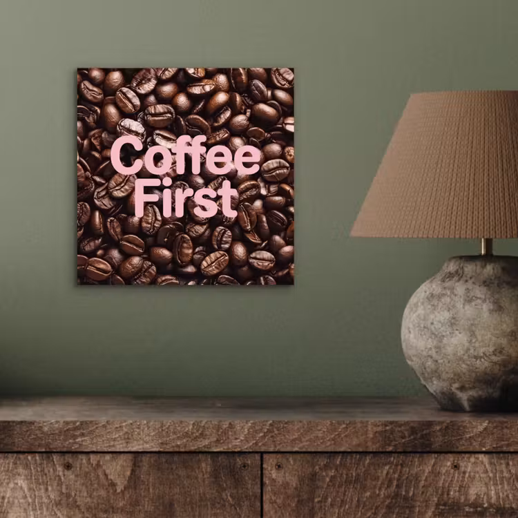 Aluminium schilderij - Coffee First - Koffiebonen - Roze — 3
