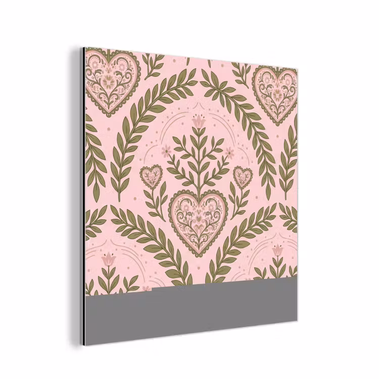 Aluminium schilderij - Patroon - Hart - Bloemen - Folkloristisch - Roze — 1