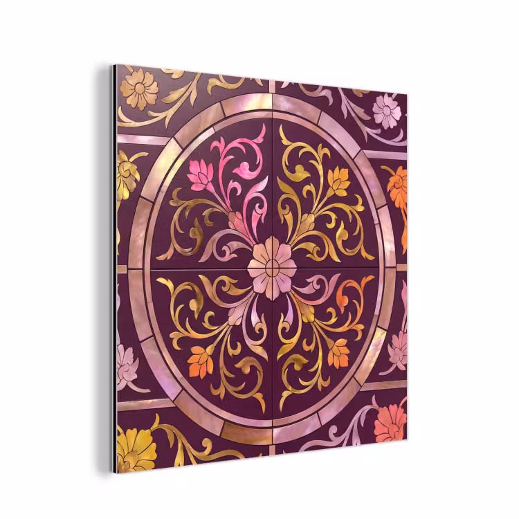 Aluminium schilderij - Patroon - Floraal - Oosters - Paars - Goud — 1