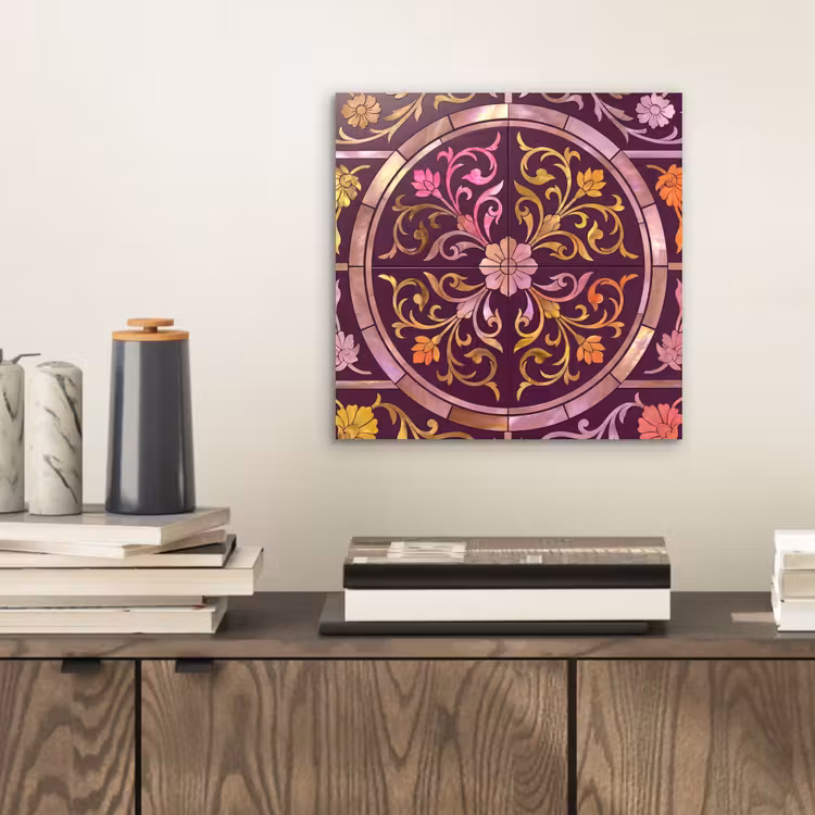 Aluminium schilderij - Patroon - Floraal - Oosters - Paars - Goud — 2