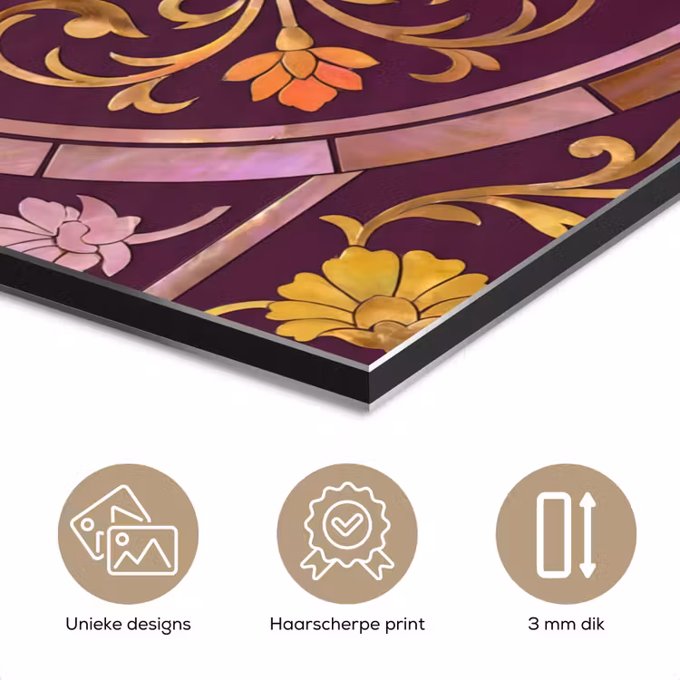 Aluminium schilderij - Patroon - Floraal - Oosters - Paars - Goud — 7