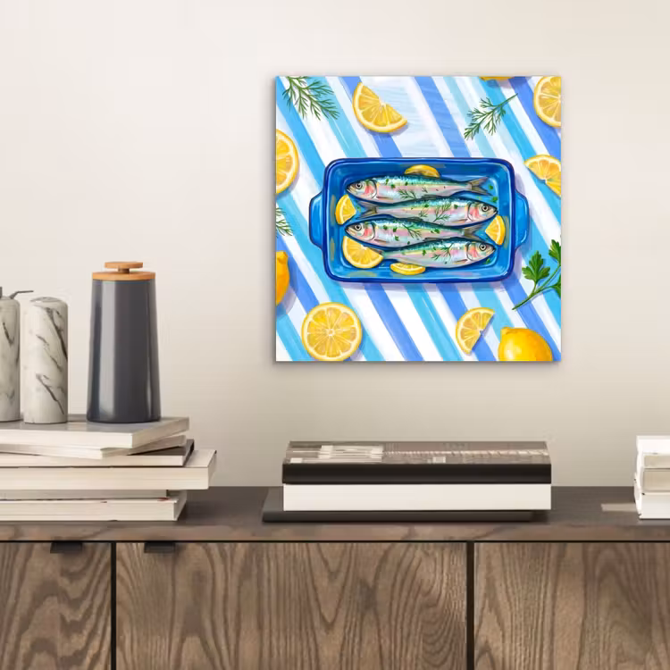 Aluminium schilderij - Vis - Citroen - Kruiden - Eten - Blauw — 2
