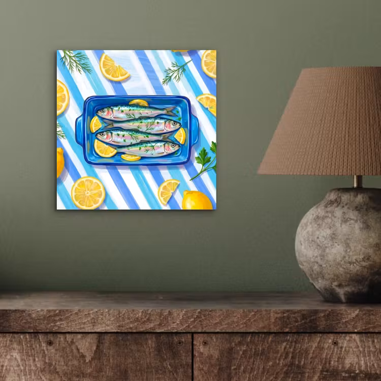 Aluminium schilderij - Vis - Citroen - Kruiden - Eten - Blauw — 3