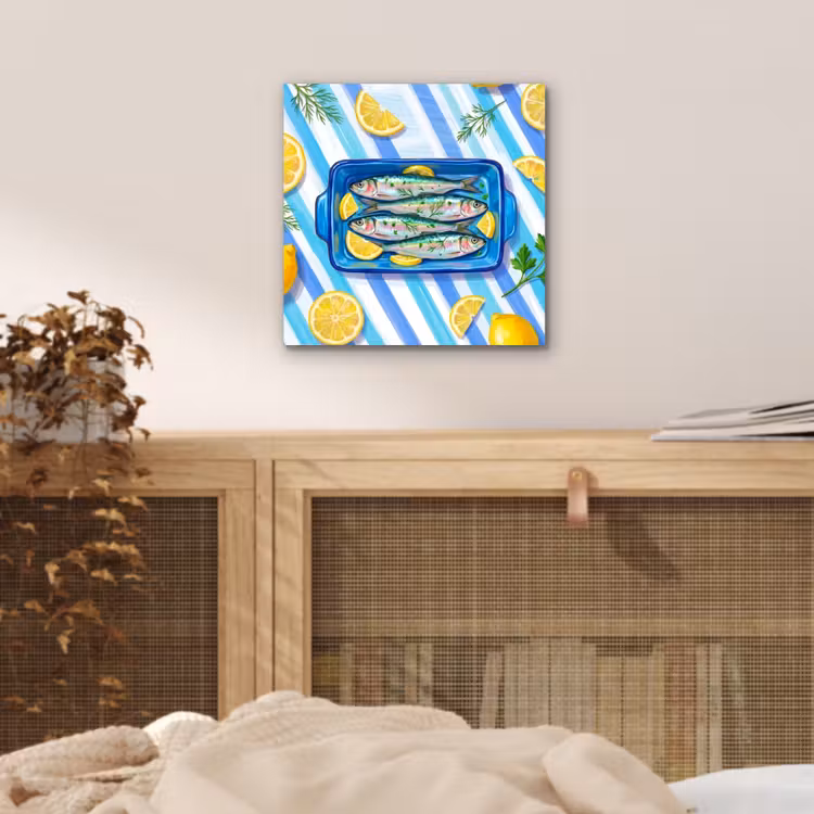 Aluminium schilderij - Vis - Citroen - Kruiden - Eten - Blauw — 4