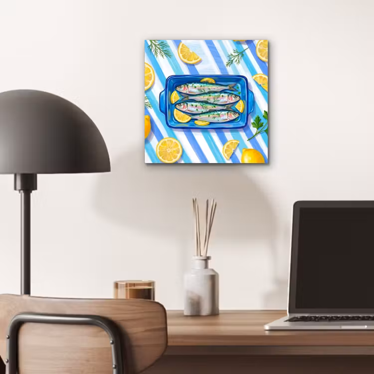 Aluminium schilderij - Vis - Citroen - Kruiden - Eten - Blauw — 6