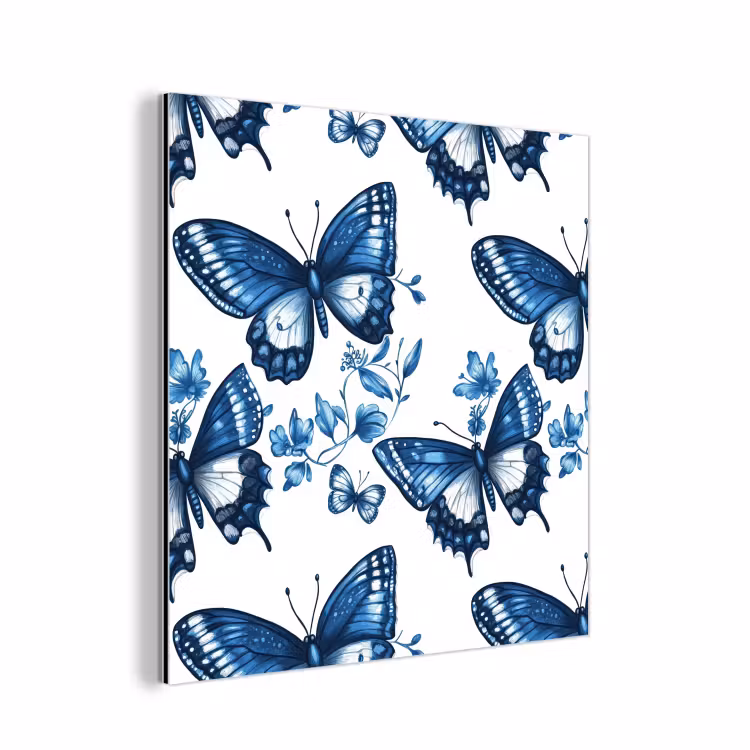 Aluminium schilderij - Blauw - Vlinders - Bloemen - Wit — 1