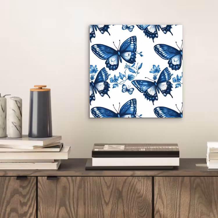 Aluminium schilderij - Blauw - Vlinders - Bloemen - Wit — 2
