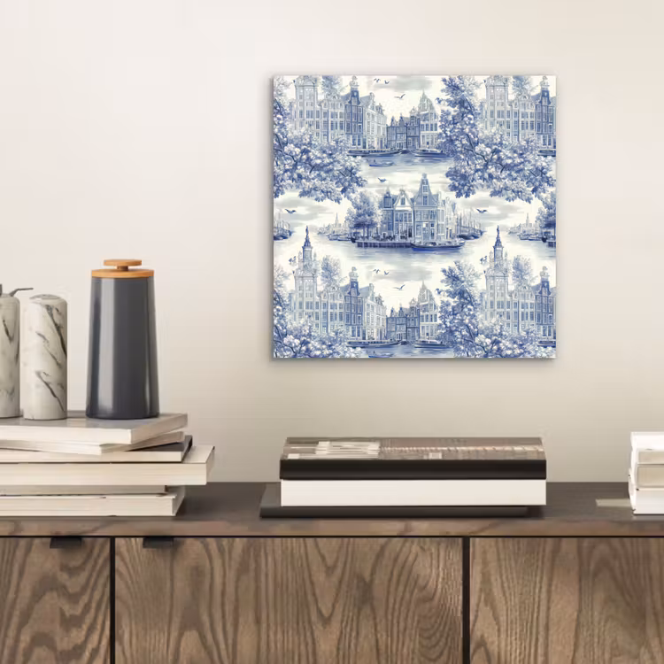 Aluminium schilderij - Huizen - Bomen - Water - Vogels - Blauw — 2