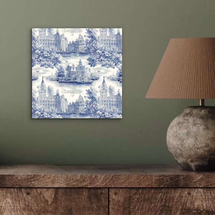 Aluminium schilderij - Huizen - Bomen - Water - Vogels - Blauw — 3