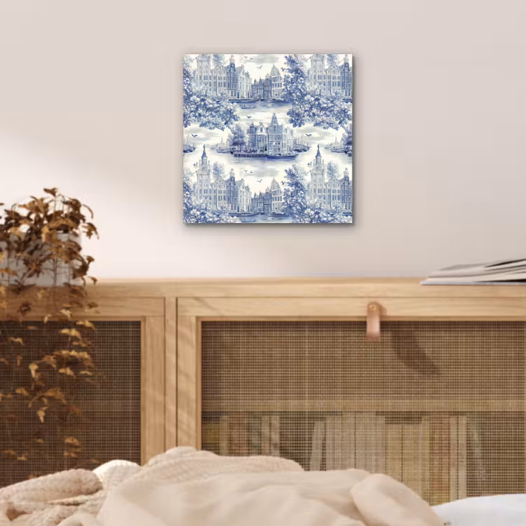 Aluminium schilderij - Huizen - Bomen - Water - Vogels - Blauw — 4