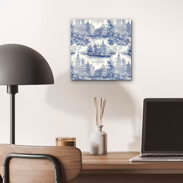 Aluminium schilderij - Huizen - Bomen - Water - Vogels - Blauw — 6