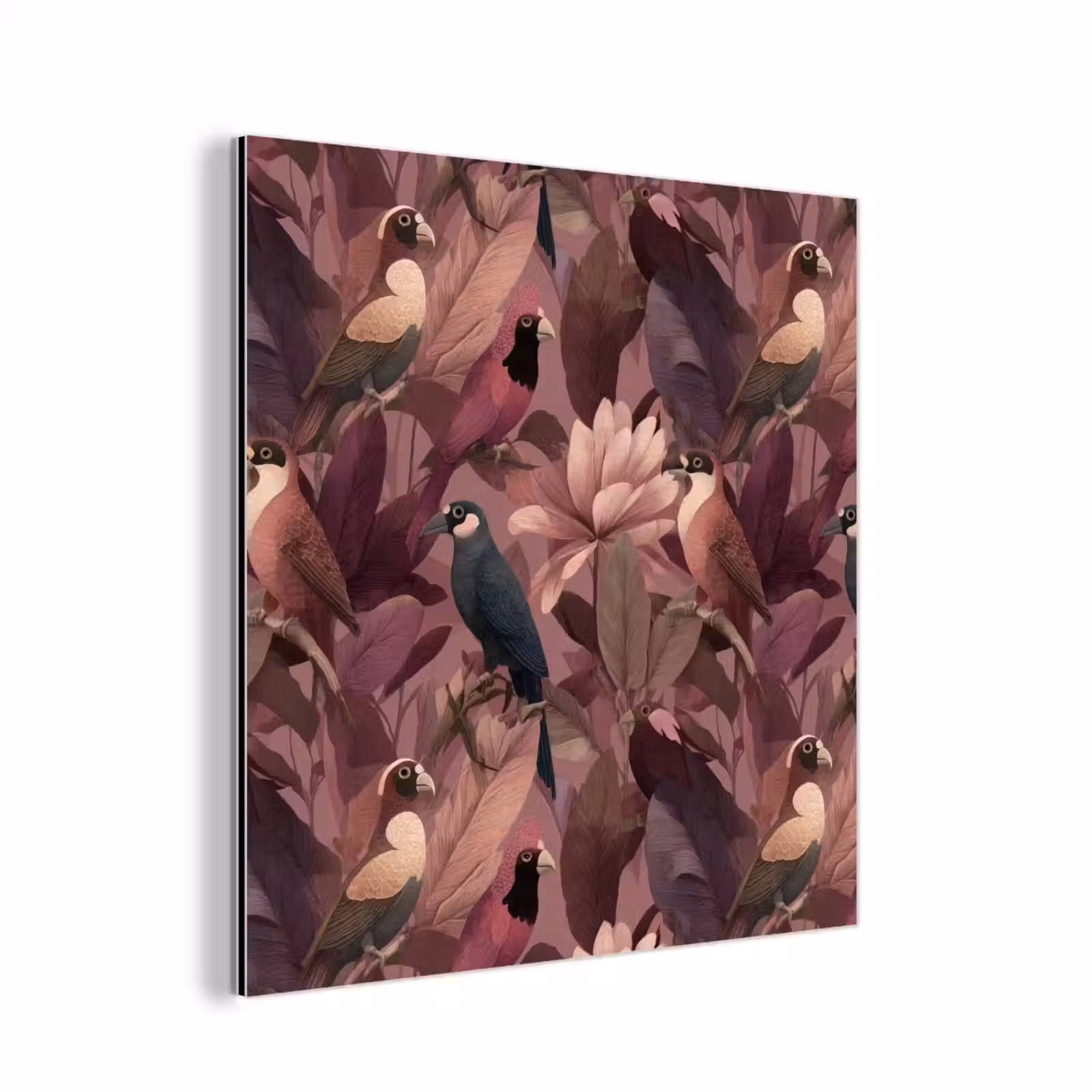 Aluminium schilderij - Vogels - Bladeren - Roze — 1