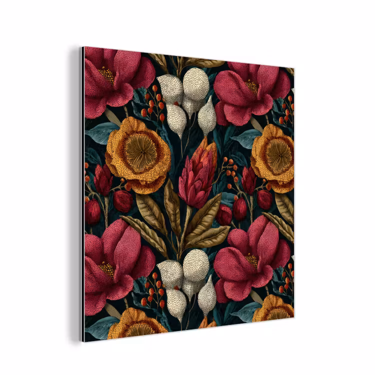 Aluminium schilderij - Bloemen - Patroon - Rood - Goud — 1