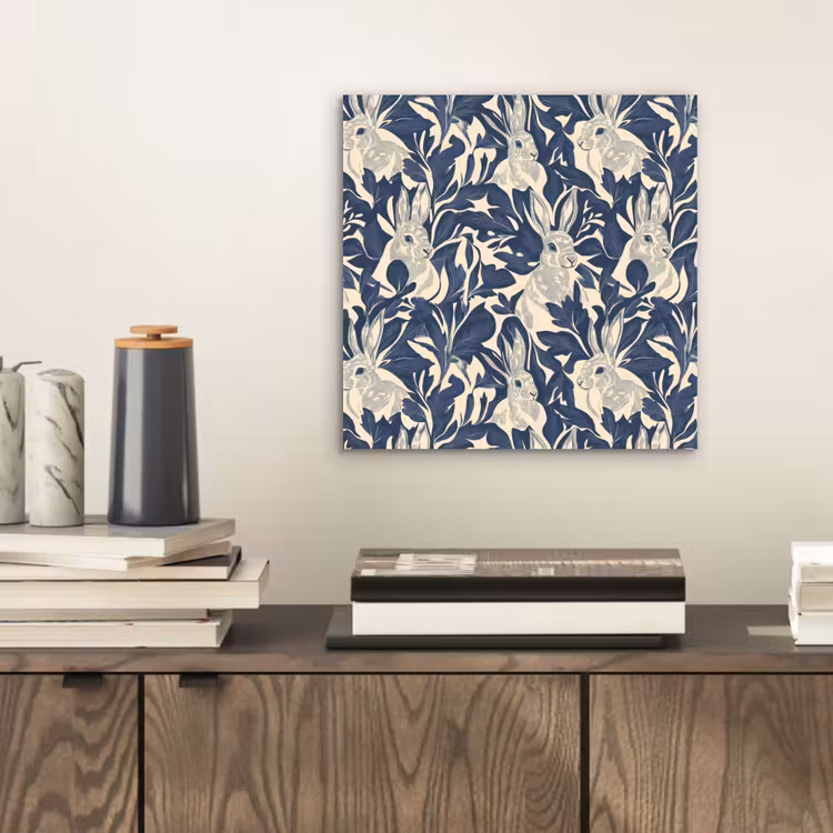 Aluminium schilderij - Hazen - Bladeren - Patroon - Blauw - Beige — 2