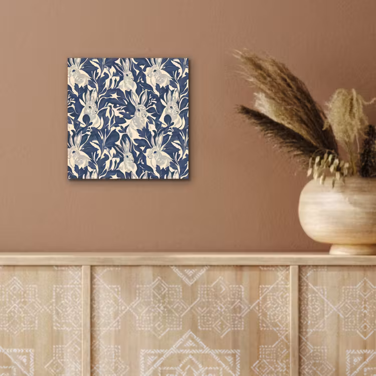 Aluminium schilderij - Hazen - Bladeren - Patroon - Blauw - Beige — 5