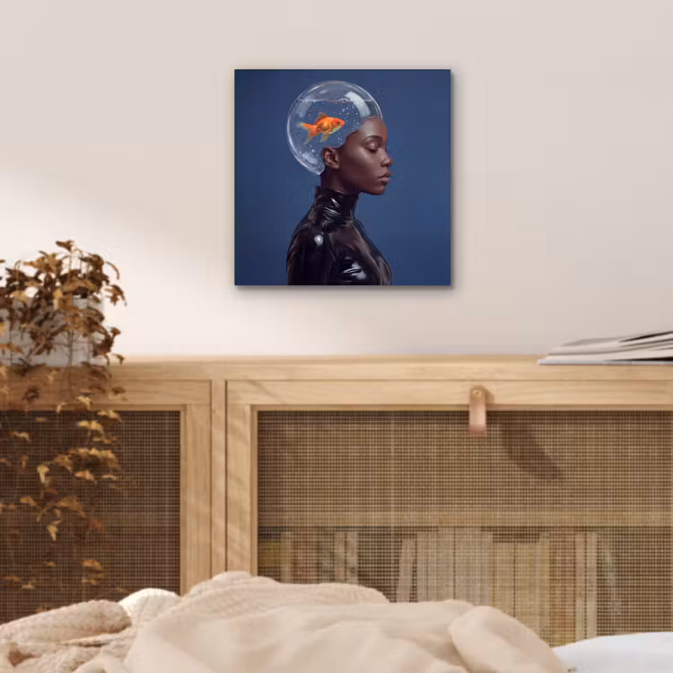 Aluminium schilderij - Vrouw - Goudvis - Hoofd - Abstract - Blauw — 4