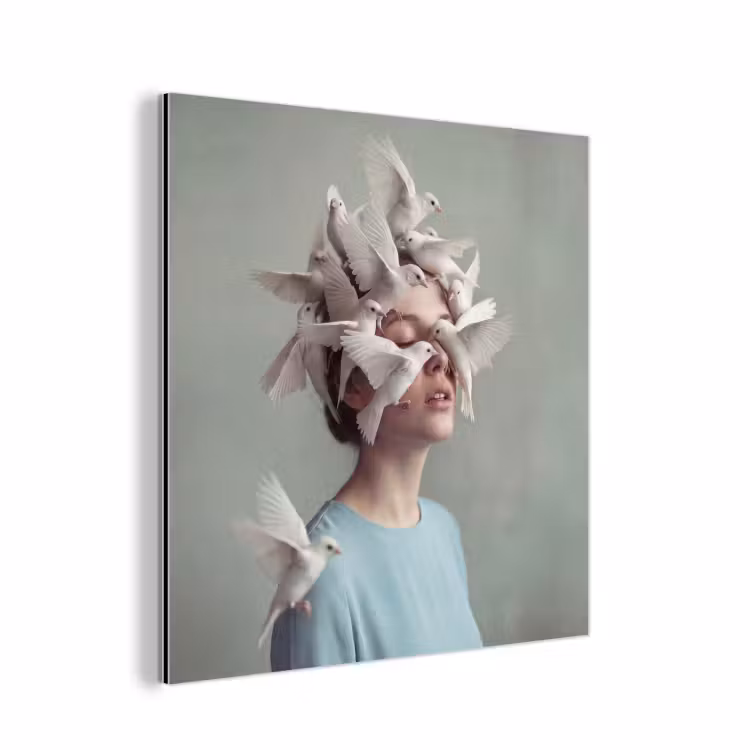 Aluminium schilderij - Vrouw - Vogels - Abstract - Modern - Wit — 1