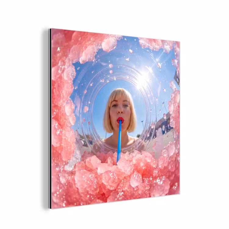 Aluminium schilderij - Vrouw - Drank - Zomer - Roze - Blauw — 1