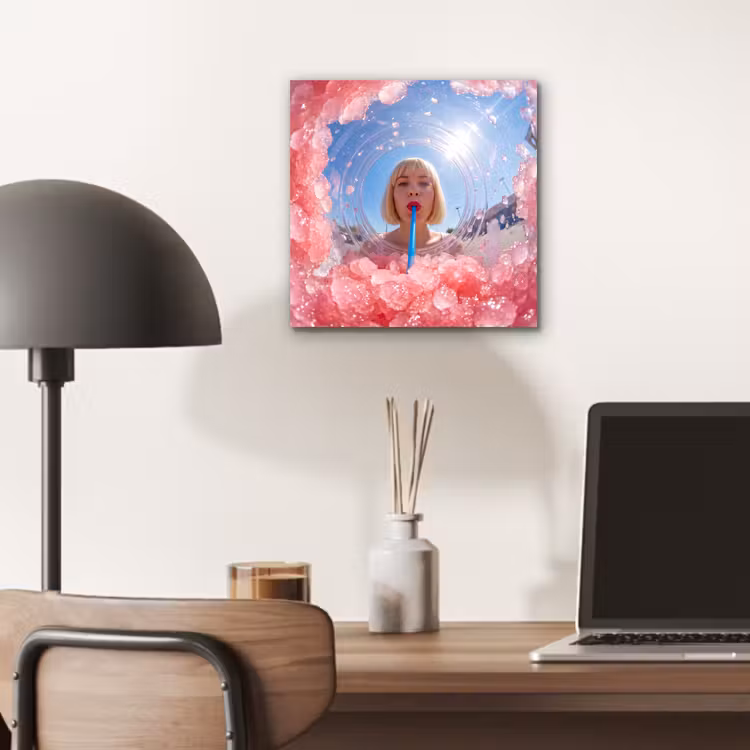 Aluminium schilderij - Vrouw - Drank - Zomer - Roze - Blauw — 6