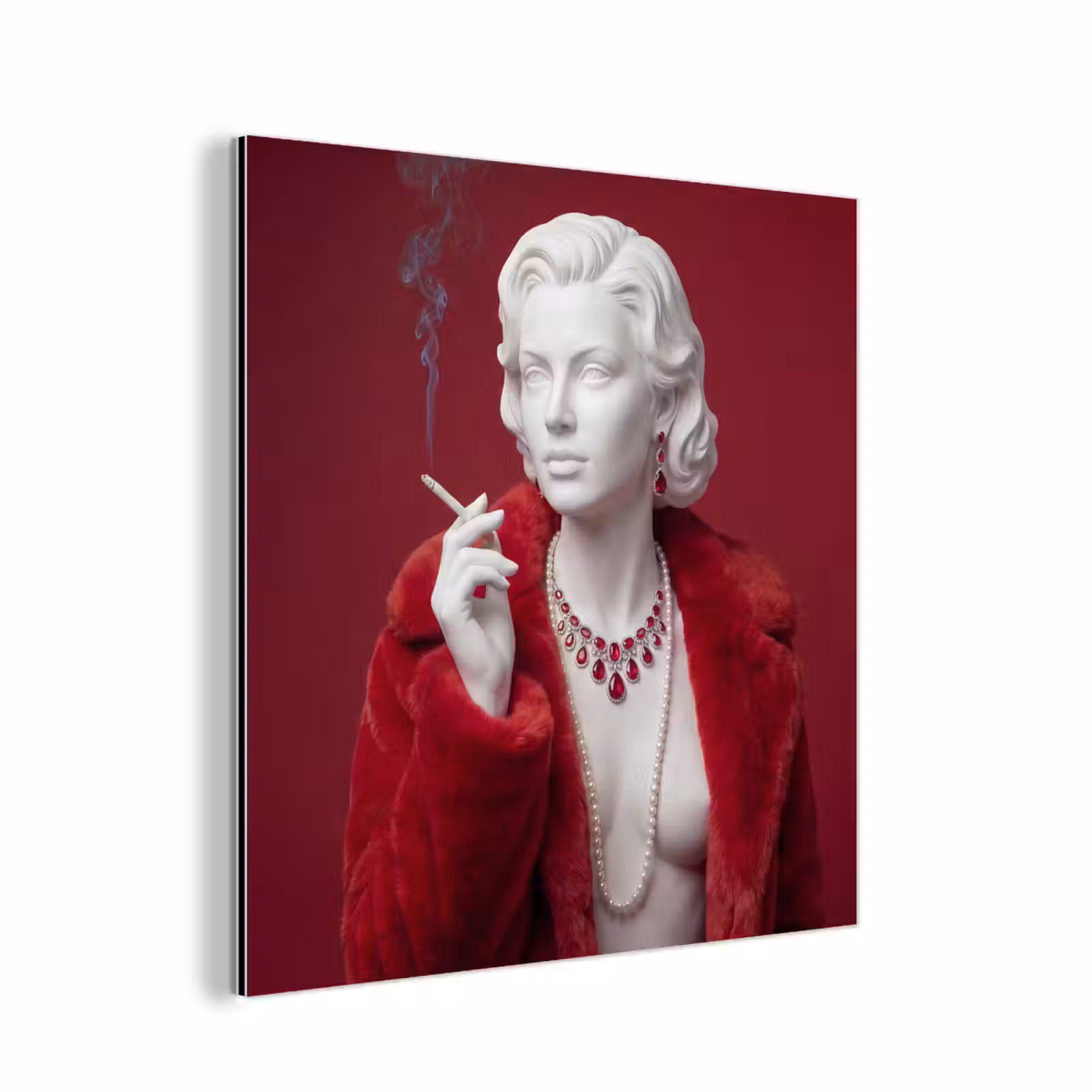 Aluminium schilderij - Vrouw - Bontjas - Mode - Klassiek - Rood — 1