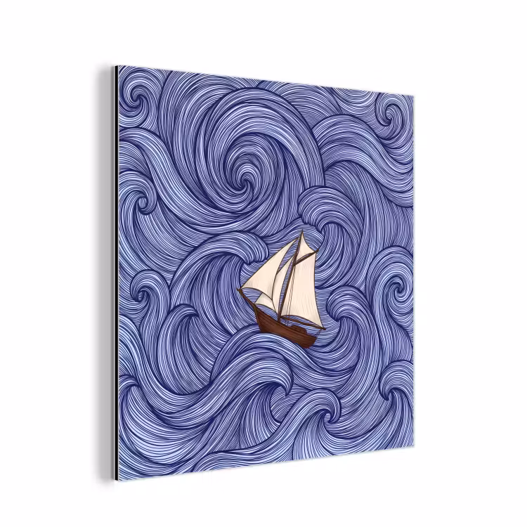 Aluminium schilderij - Schip - Golven - Zee - Illustratie - Blauw — 1