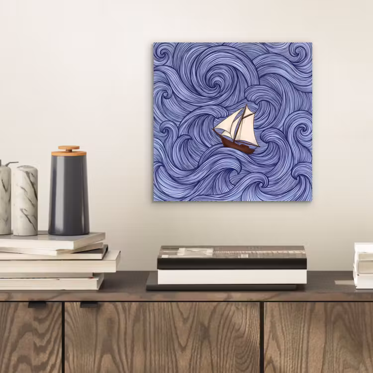 Aluminium schilderij - Schip - Golven - Zee - Illustratie - Blauw — 2
