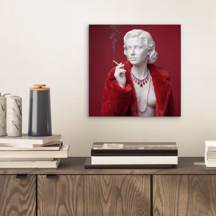 Aluminium schilderij - Vrouw - Bontjas - Mode - Klassiek - Rood — 2