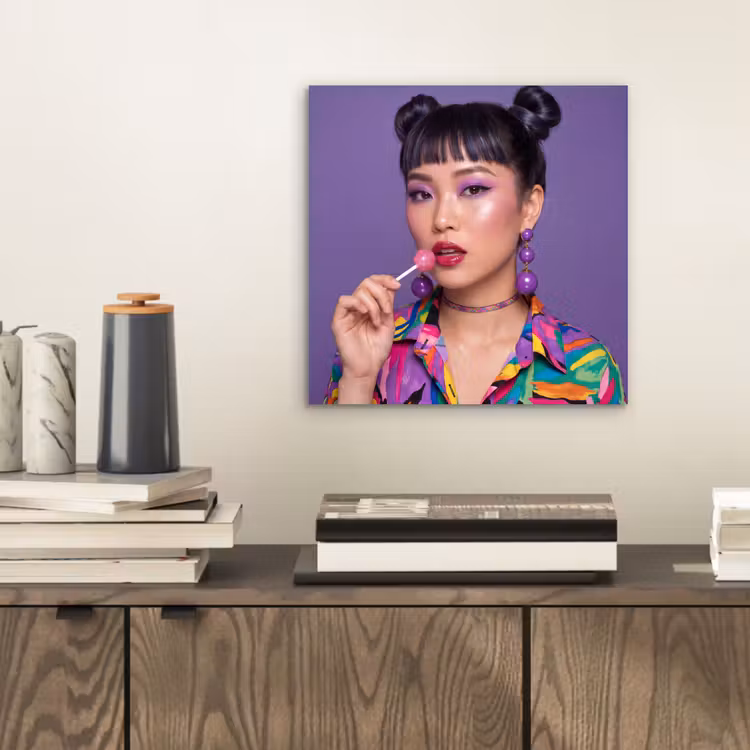 Aluminium schilderij - Vrouw - Portret - Make-up - Paars - Levendig — 2