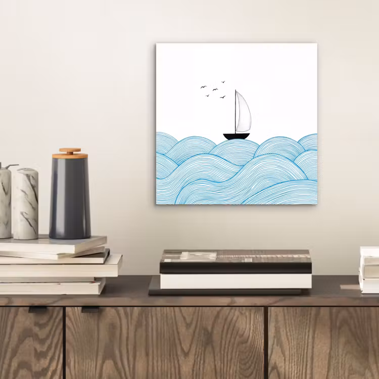 Aluminium schilderij - Zeilboot - Golven - Zee - Illustratie - Blauw — 2