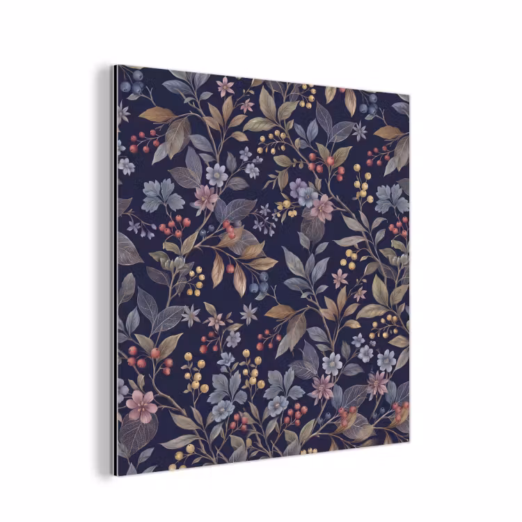 Aluminium schilderij - Bloemen - Bladeren - Patroon - Botanisch - Donkerblauw — 1