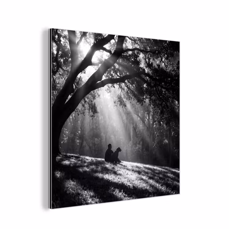 Aluminium schilderij - Mens - Hond - Natuur - Zwart-wit - Silhouet — 1