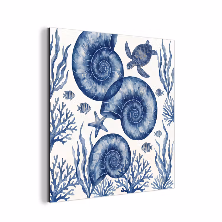 Aluminium schilderij - Schelp - Spiraal - Zeeleven - Aquarel - Blauw — 1