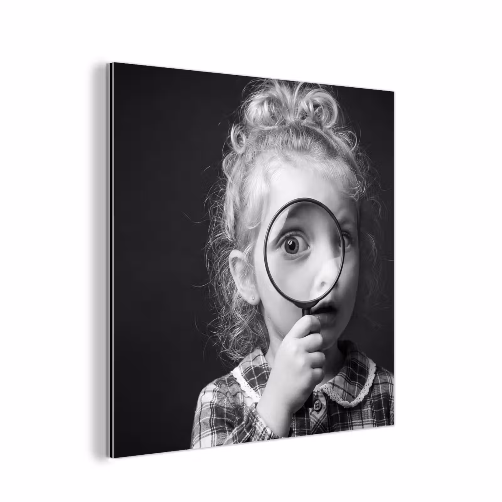 Aluminium schilderij - Kind - Vergrootglas - Portret - Zwart-wit — 1