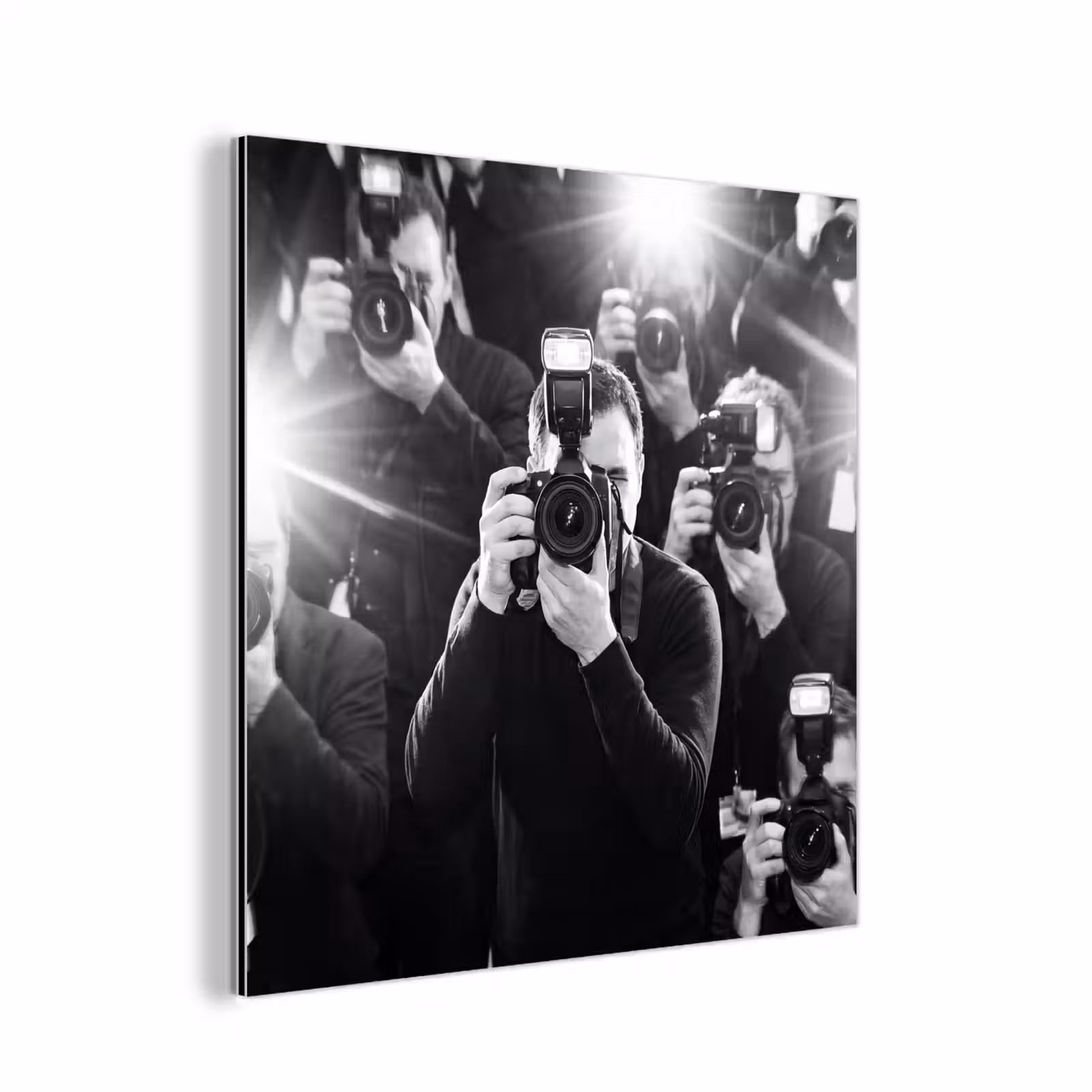 Aluminium schilderij - Mensen - Camera - Flitslicht - Zwart-wit - Media — 1